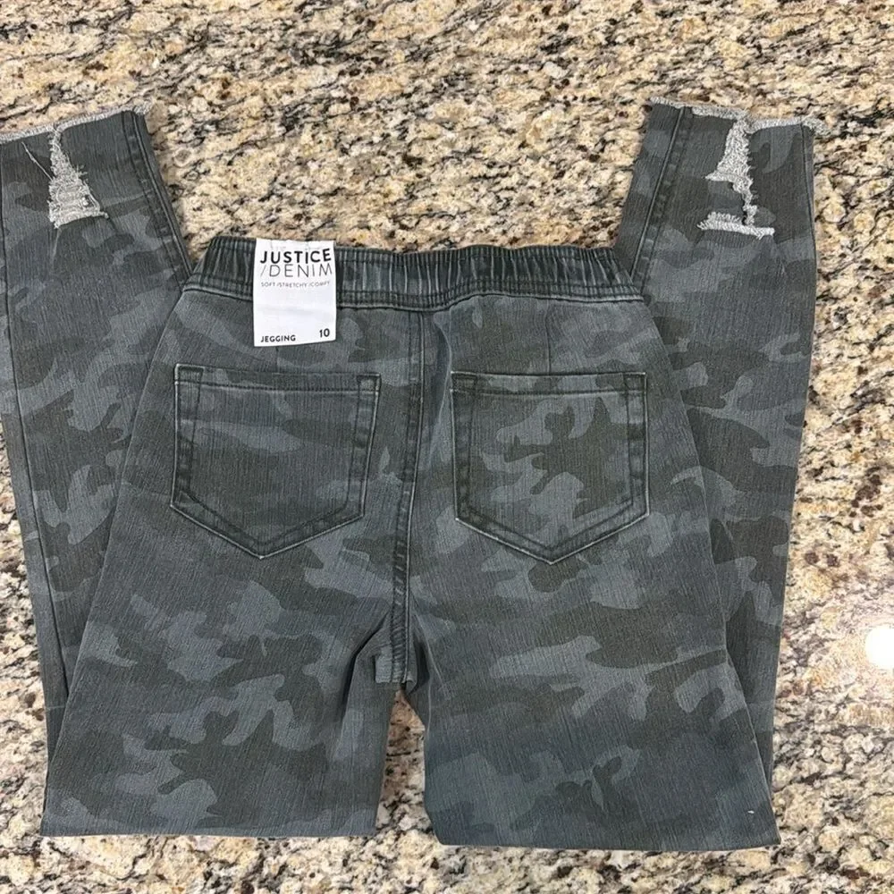 Justice Gray Camouflage Kids Jeans jeggings soft comfy stretchy tie waist sz 10